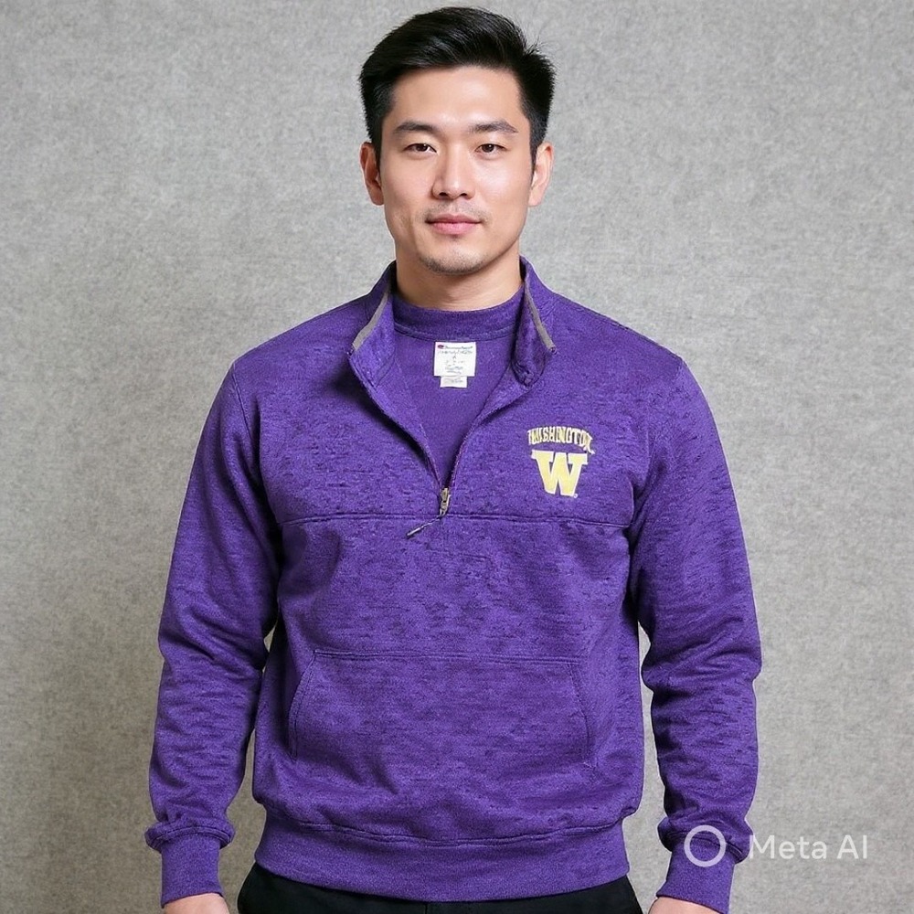 Champion Pullover Sweatshirt Men XL Purple Washington Huskies Quarter Zip Fleece